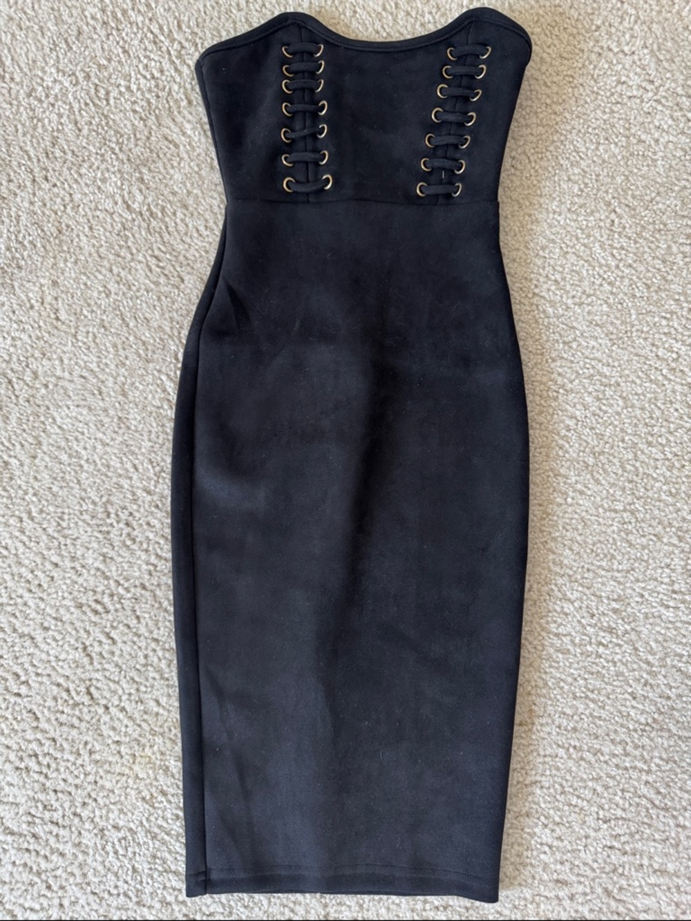 Oh Polly Strapless Black Suede Midi Dress